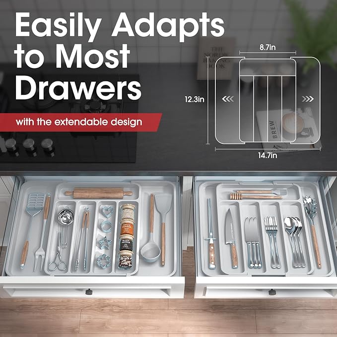 Aujen Silverware Drawer Organizer, Adjustable Utensil Cutlery Tray | Expandable Kitchen Organizer for Forks Knives, Multipurpose Kitchen Storage, Apartment Essentials, Light Grey, Medium - Image 2