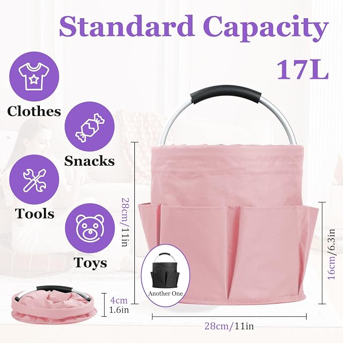 2Pcs 17L Cleaning Caddy with Handle, 600D Oxford Garden Tool Bag,Black+Pink | IHOMAGIC Cleaning Supplies Caddy with 6-Pocket, Water-Resistant Tool Bucket Organizer, Storage Basket for Family, Dorm, Hotel - Image 2