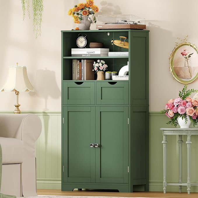 Iwell Bathroom Storage Cabinet with Adjustable Shelf, Storage Cabinet with Doors, Kitchen Pantry Storage Cabinets, Cupboard, for Living Room, Dining Room, Entryway, Green - Image 2