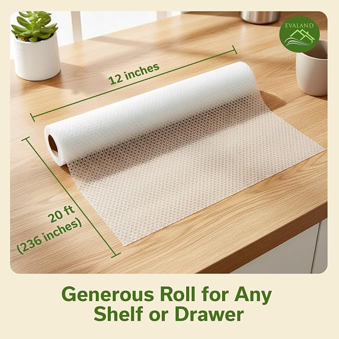 EVALAND Shelf Liner Cabinet Liner Non-Adhesive Drawer Liner 12 in x 20 FT | Non-Slip, Washable, Waterproof, Fridge Liners, Contact Paper, Shelf Liners for Cabinets, Kitchen, Refrigerator, Clear - Image 2