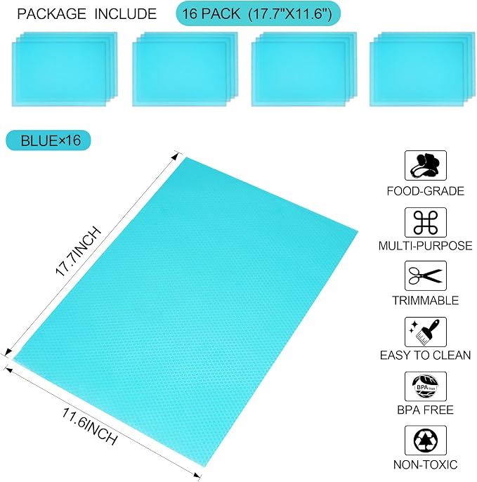 16 Pcs Refrigerator Liners Mats Washable, Refrigerator Mats Liner Waterproof Oilproof, Shinywear Fridge Liners for Shelves, Cover Pads for Freezer Glass Shelf Cupboard Cabinet Drawer (16 Blue) - Image 2
