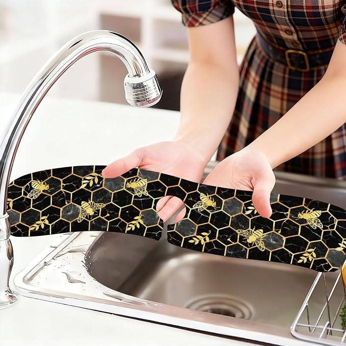 2 Pcs Marble Honeycomb Kitchen Sink Splash Guard Faucet Mat | Gold-edged Faucet Mat for Sinks Bee Pattern Absorbing Drying Mat for Kitchen Bathroom, 23.6x5.5inch - Image 6