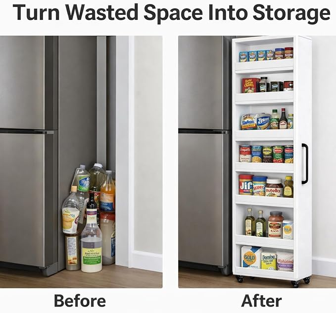 Beside Fridge Storage Slim Tall Cabinet - 7-Tier Tall Narrow Kitchen Pantry Pull Out Storage Cabinet Next To Fridge, Rolling Cart For Kitchen, Dorm, Bathroom, Laundry & Office (White, 15.7 in) - Image 7