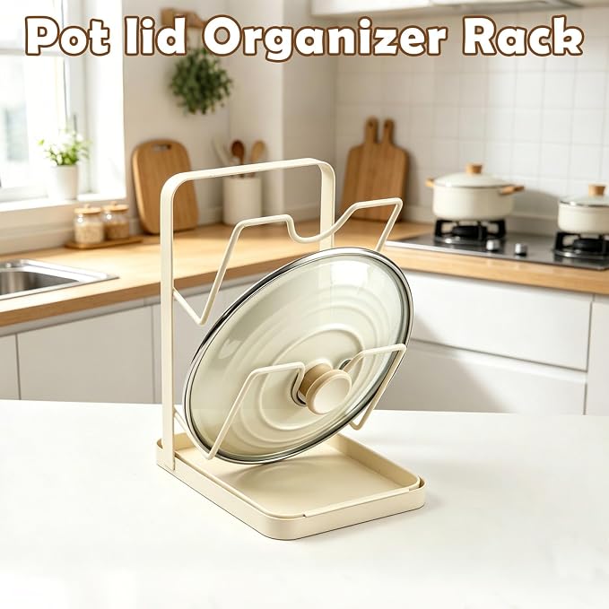 BEEFLYING Pot Lid Holder Organizer for Countertop with Tray, Almond | Holds 2 Pot Lids, 7.17*5.39*8.86In, Carbon Steel for Cooking Stove Top Kitchen Counter Cabinet Blanched - Image 6