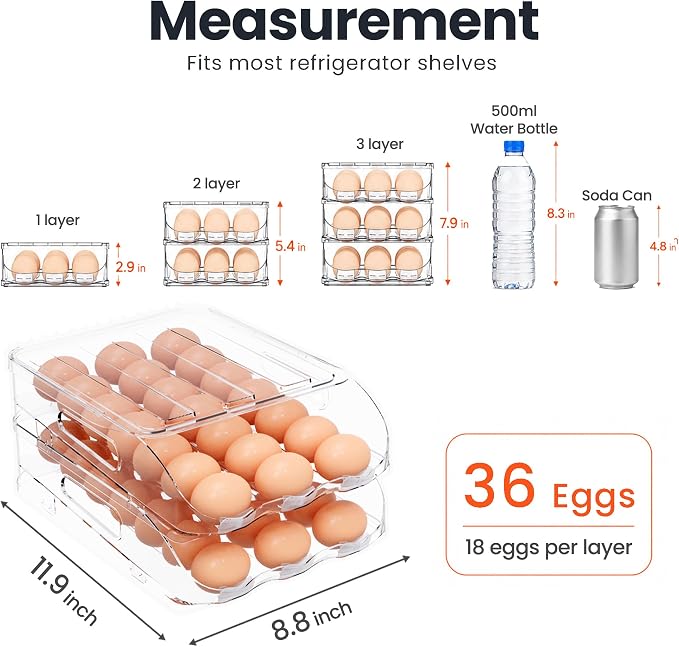 SMRCAD 36-Egg Dispenser with Silicone Bumpers, Auto-Rolling, Stackable | BPA-free food-grade PET | Stackable with lid | Built-in handle | 11.92"L x 8.85"W x 5.4"H | Hand wash only - Image 7