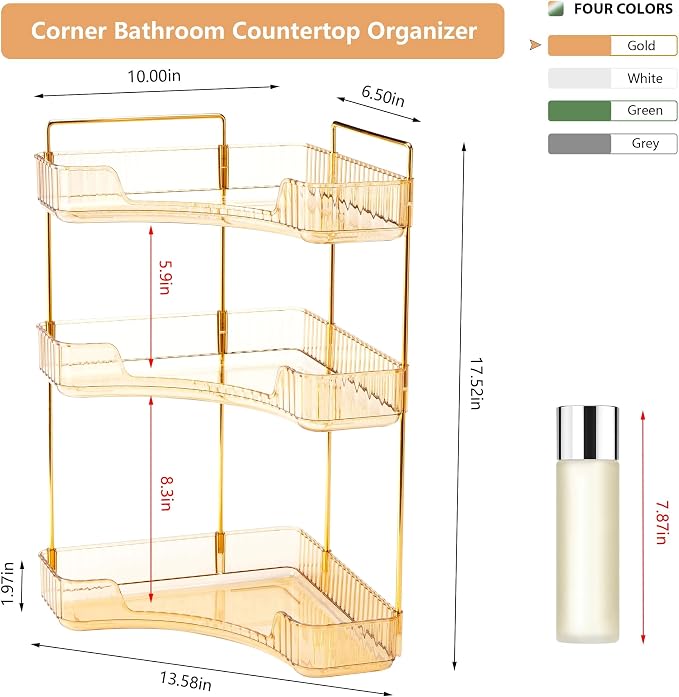Corner Bathroom Counter Organizer Bathroom Countertop Shelf Makeup Organizer for Vanity Perfume Tray for Corner Storage (3 Tiers, Gold) - Image 2