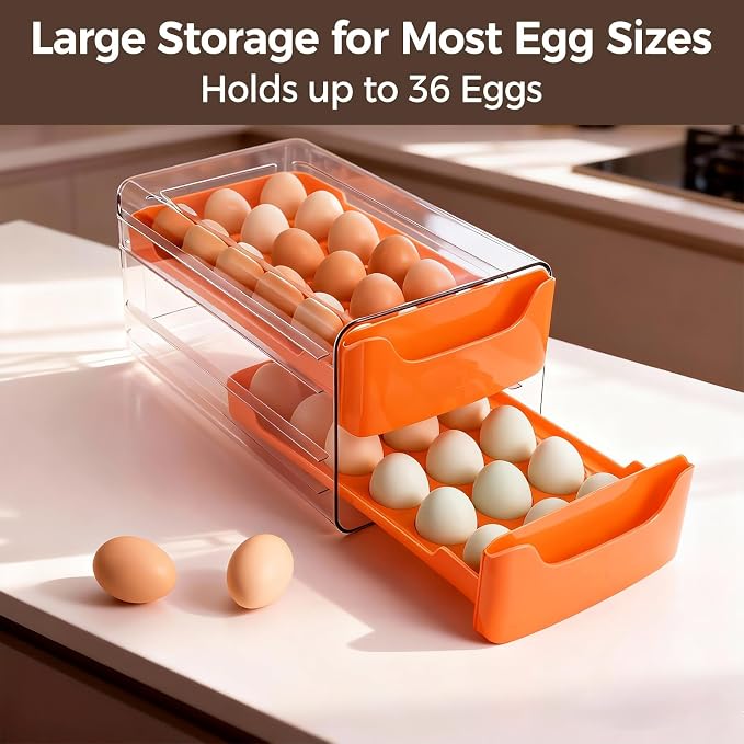 Egg-Holder for Fridge, Fits Small to Large Eggs, Orange | 36 Egg-Storage for Refrigerator Countertop, 2 Tier Dispenser with Drawer, Stackable Clear Egg Tray Container - Image 3