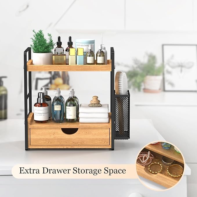 Bathroom Counter Organizer with Drawer and Basket,Wood Countertop Organizer for Bathroom Decor Makeup Tray for Perfume Skincare Bedroom Kitchen Corner - Image 5