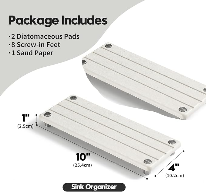 2 Pack Fast Drying Water Absorbing Diatomite Stone Mat Tray for Kitchen & Bathroom Counter - Instant Dry Sink Caddy Organizer - Vanity Holder for Soap and Sponge – Beige Gray 10" x 4" - Image 4