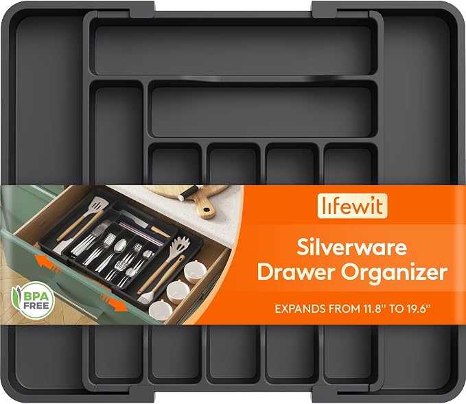 Lifewit Utensil Organizer for Kitchen Drawer, Expandable Cooking Silverware Tray, Adjustable Cutlery Flatware Holder, Plastic Spatula Tools Storage Divider, 11.8-19.6 x 15", Black by Lifewit