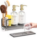 Kitchen Soap Dispenser Set with Drying Tray – 16oz Glass Bottles with Stainless Steel Pumps, Sink Organizer Caddy with Brush Holder & Non-Slip Feet – All-in-One Dish & Hand Soap Station by ORCHID+HOME