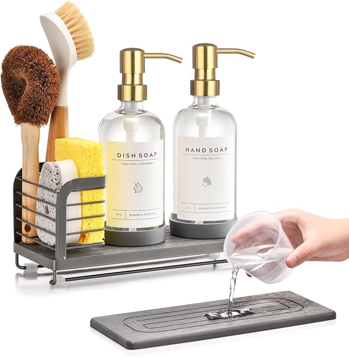 Kitchen Soap Dispenser Set with Drying Tray – 16oz Glass Bottles with Stainless Steel Pumps, Sink Organizer Caddy with Brush Holder & Non-Slip Feet – All-in-One Dish & Hand Soap Station by ORCHID+HOME