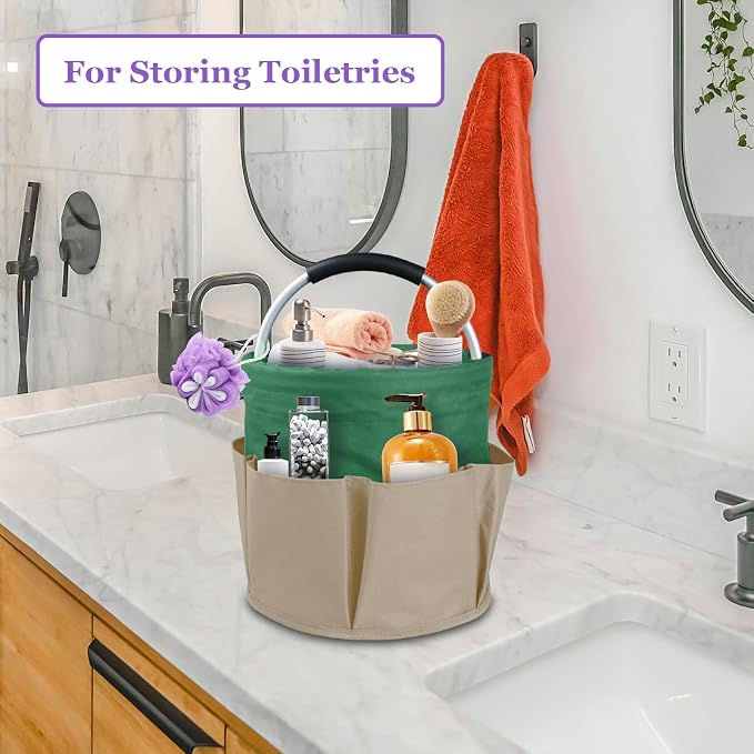 17L Foldable Cleaning Supplies Caddy with Handle, Khaki with Green | IHOMAGIC 6-Pocket Tool Bag, 600D Oxford Cleaning Tote Bucket, Portable Storage Basket Organizer for Car Detailing, Gardening - Image 8