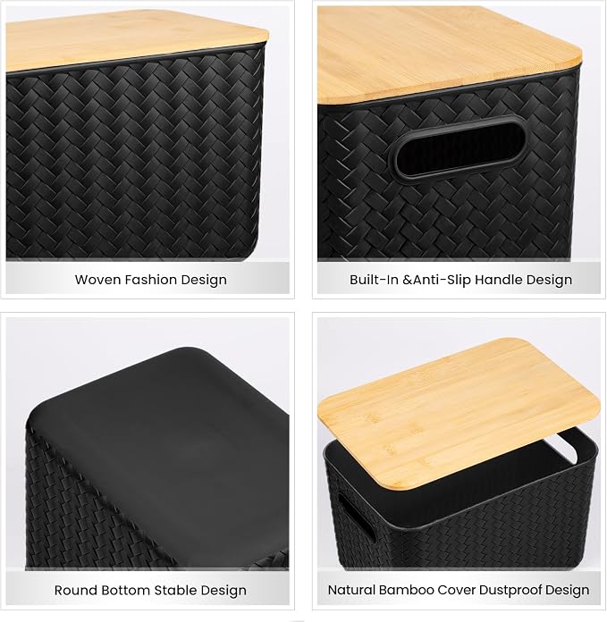 Ohmlove 4 Pack Storage Bins with Bamboo Lids,Stackable Box for Organization | Plastic Storage Containers with Handle, Storages Baskets for Organizing Desktop Closet Playroom Classroom Office, Black - Image 3