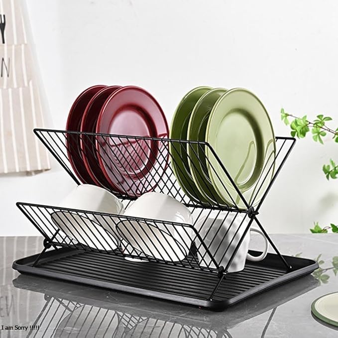 Black Foldable Double-Tier Dish Rack Large-Capacity Expandable Dish Rack, Rust-Proof Dish Rack, Draining Tray Suitable for Kitchen Worktops (Black) - Image 4