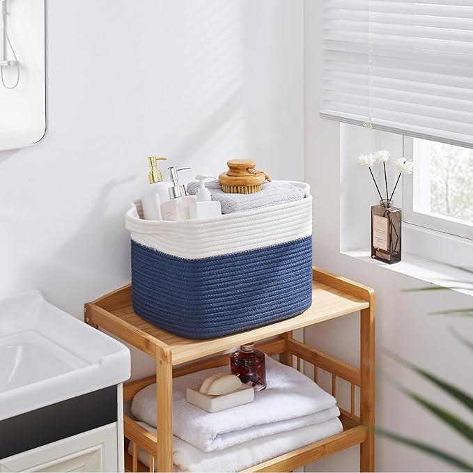 OIAHOMY Storage Baskets - Woven Cotton Rope Baskets for Shelves, Toy Towel Organizer Bins, Pack of 3, Blue & White - Image 5