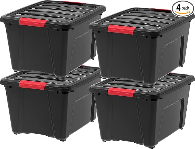 IRIS USA 4-Pack 32 Quart Storage Bins with Lids, Black | Black finish conceals stored items. Great for linens, décor, closet storage, and supplies. Nestable design saves space by IRISUSA