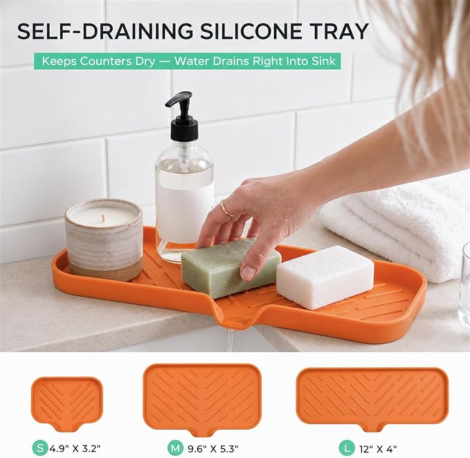 MicoYang Silicone Soap Dish with Drain Spout — Self-Draining Double Sink Organizer Tray for Kitchen & Bathroom, Dispensers, Sponges & Soap Holder, Non-Slip & Dishwasher Safe, Orange (Large, 12"×4") - Image 8