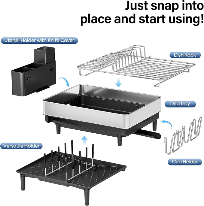 Urackify Expandable Dish Drying Rack, Stainless Steel, Large Capacity | Multifunctional Drainboard for Kitchen Countertop, Removable Cutlery Tray, Foldable Cup Holder, 20.4"L x 20"W, Silver - Image 6
