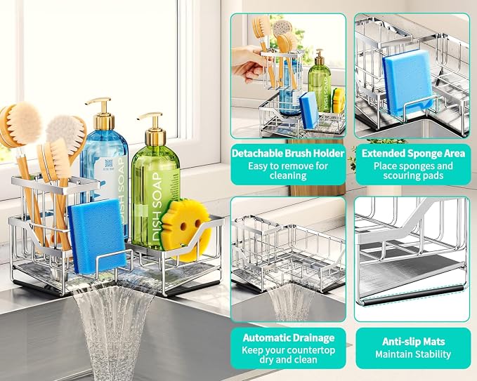 HapiRm Sponge Holder for Kitchen Sink - Rustproof L-Shaped Sink Caddy | Stainless Steel Kitchen Organizer for Sink Corner, Self-Draining 3-in-1 Dish Brush and Sponge Storage, Space-Saving - Silver - Image 3
