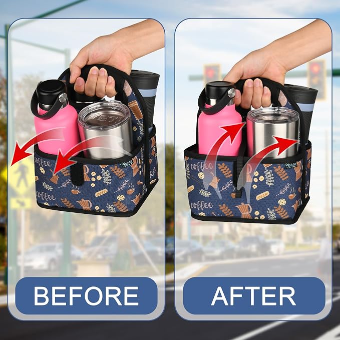 Beautyflier Reusable Insulated Coffee Cup Carrier, Portable Drink Holder with Handle Organizer Tote Bag for Hot & Cold Drinks (Blue Plants) - Image 3