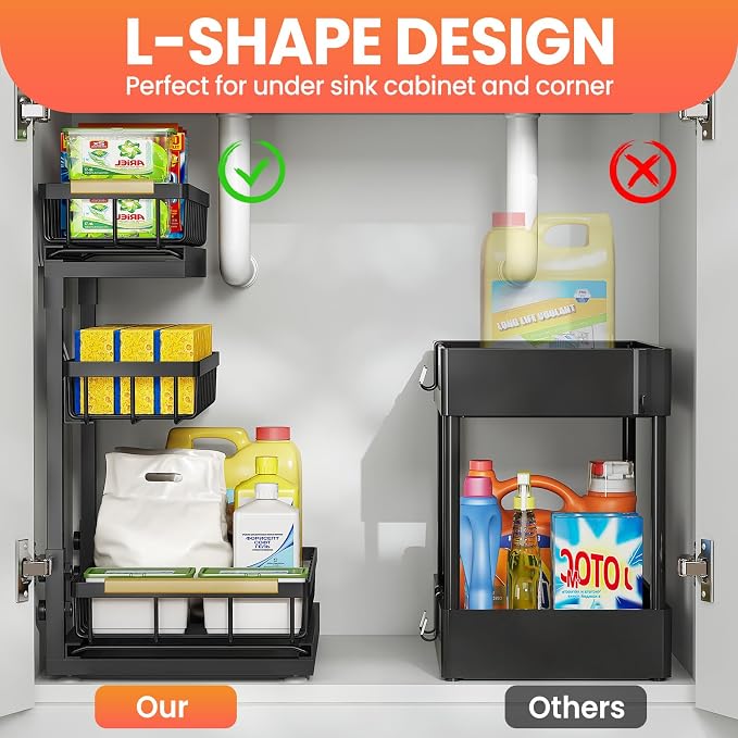 Under Sink Organizer and Storage for Bathroom and Kitchen - 2 Pack 3 Tier | Under Cabinet Pull Out Shelf Organizers - Slide Out Drawer Organization for Home Cabinets Shelves and Drawers - Image 4