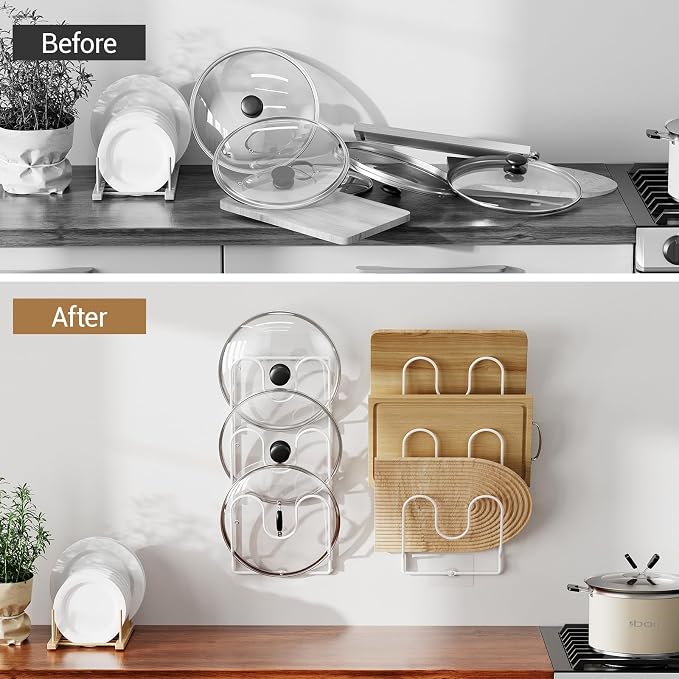 Pot Lid Organizer Rack for Cabinet Door, 2 Pack Pot Lid Holder White | 6-Tier Lid Racks for Cabinet Door/Wall, No Drilling Adhesive Mount, Rustproof, Fits Pot Pan Lid, Cutting Board & Cookie Sheet - Image 2