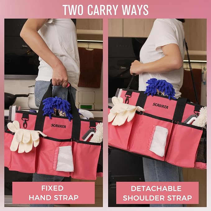 SCAVATA Wearable Cleaning Caddy Bag, Cleaning Caddy Supplies Organizer with Handle & Shoulder Straps for Housekeepers, Under Sink & Car Cleaning Tool Organizers with 4 Foldable Divider (RoseRed) - Image 6