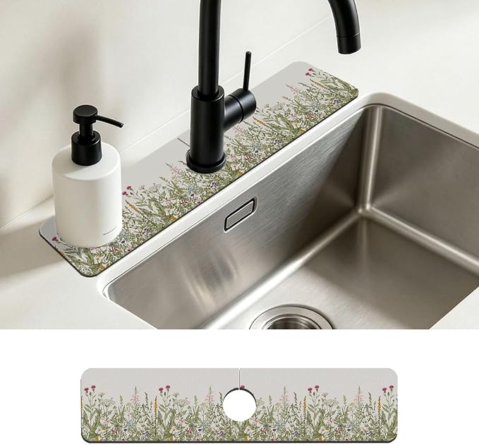Faucet Mat for Kitchen Sink Watercolor Floral Herbs Sink Splash Guard Behind Faucet Soft Diatom Mud Material Non-slip Easy to Clean for Bathroom & Kitchen 24"X5.5" by Unknown