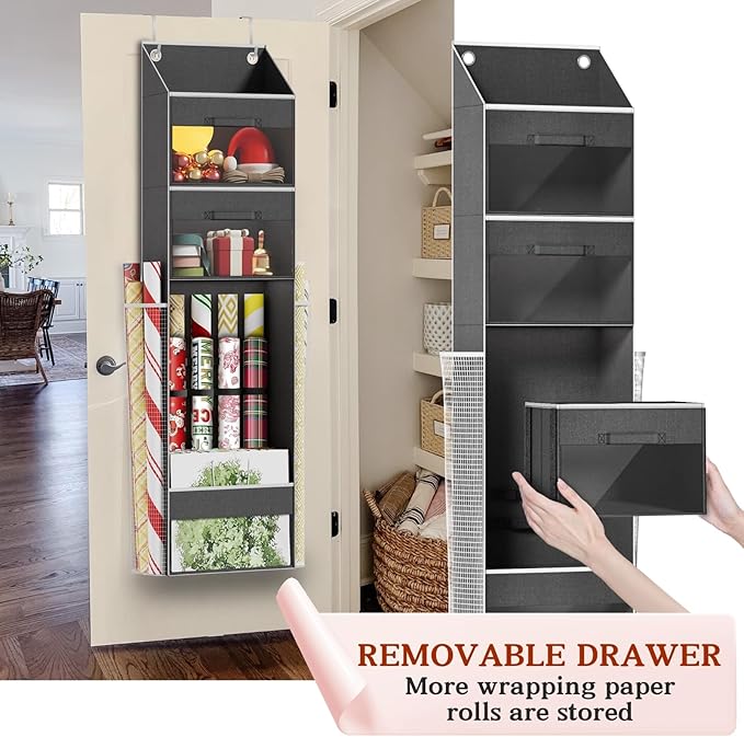 Over Door Wrapping Paper Organizer Storage with 3 Removable Drawers & Side Pockets – Dual Use Design with Elastic Straps – Christmas Gift Wrap Storage for Ribbons, Bows, Ornament and Other Tools 1Pack - Image 4