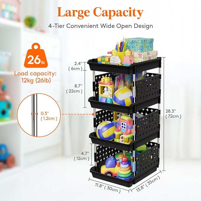 Lifewit 4 Tier Plastic Stackable Storage Baskets for Clothes 2 Pack, Black | Stacking Bins for Food, Multifunctional Organizer for RV, Kitchen, Playroom, Pantry and Bathroom - Image 3