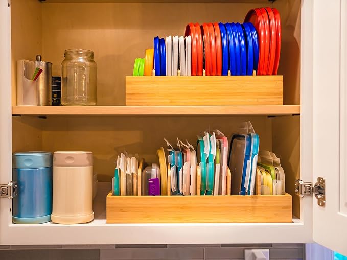 Extra Large Bamboo Food Container Lid Organizer for Kitchen Cabinet | Adjustable Slots - Tall Dividers for Large Lids - Premium Bamboo, Pretty Color - Versatile Caddy in Drawer - Anti-Skid Pads - Image 4