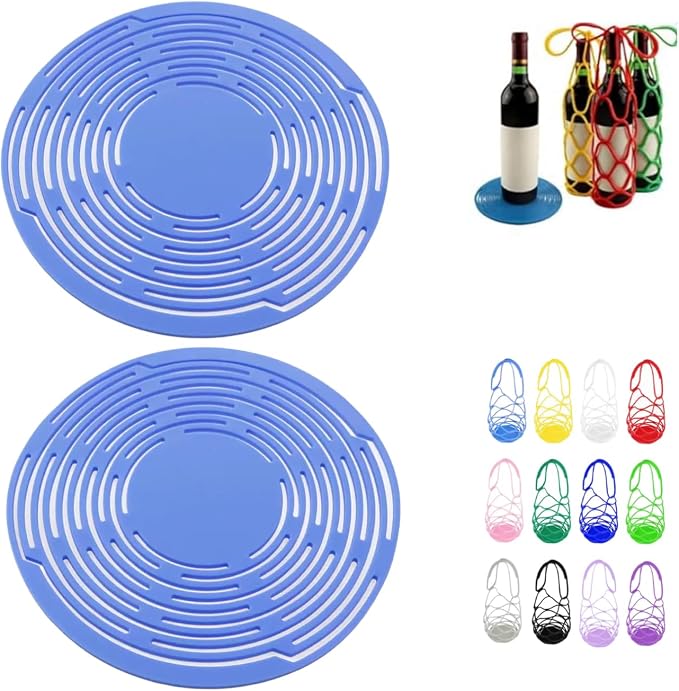 Multi-Use Silicone Storage Bag & Organizer,Multifunctional Mesh Coaster,Silicone Wine Carrier,Reusable, Foldable, Portable Coaster for Wine Bottles, Cups, Hot Dishes,and Beverages(2pcs Light Blue) by Unknown