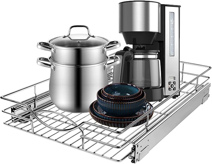 Sikarou Pull Out Cabinet Organizer, Heavy Duty Kitchen Cabinet Pull Out Shelves, Slide Out Wire Basket for Kitchen Cabinets, Bathroom, Pantry, Chrome Finish (11 * 17 in) by SikarouStorageSpecialist