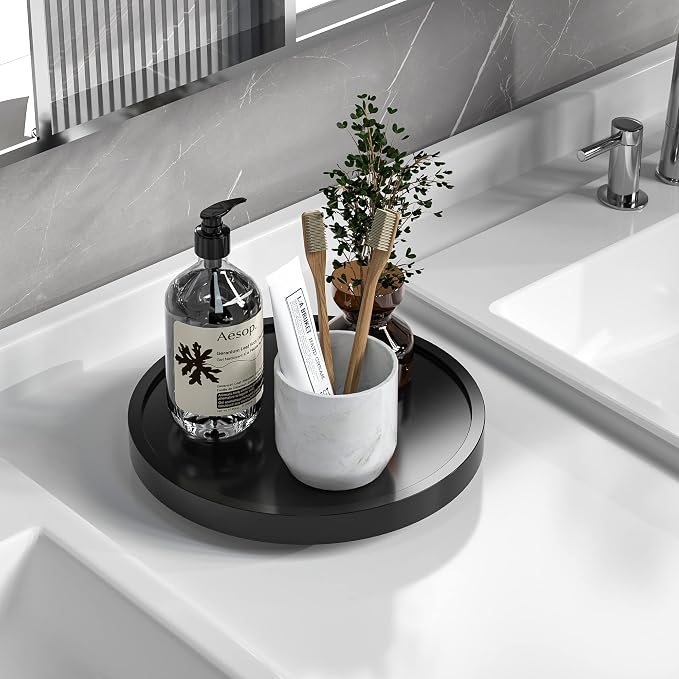 Turntable Vanity Tray, 9 Inch Bamboo Kitchen Sink Countertop Organizer | Perfume Candle Tray, Keep Glass Sponge and Soap, Bathroom Countertop Organizer, Black by VeyFey