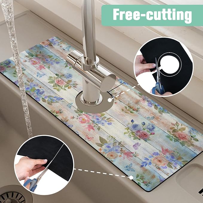 Kitchen Sink Splash Guard Faucet Mat 15" X 5.5" Wooden Floral Absorbent Fast Drying Mat Faucet Draining Mat Sink Splash Guard Behind Faucet Drip Catcher for Kitchen Bathroom - Image 5