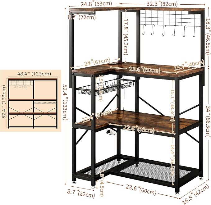 4-Tier L-Shaped Baker's Rack with Power Outlet, Corner Coffee Bar, Brown | Kitchen Appliance Storage, Pull Out Basket, 6 Hooks and Flexible Installation Options for Kitchen, Balcony, Living Room - Image 2