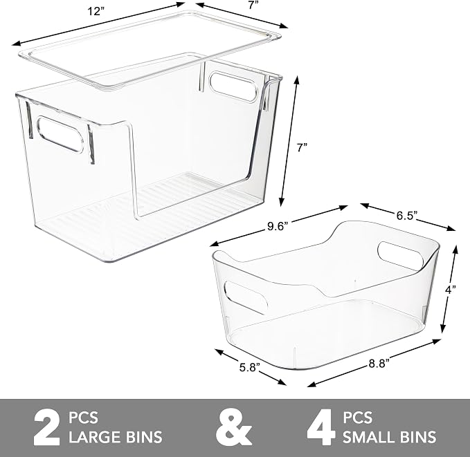 Tiawudi Set of 6 Clear Plastic Storage Bins, 2 Large Stackable Oraganizer with Open Front & Lid, 4 Small Storage Container for Pantry Organization, Multi-Use Organizer Bins for Home, Kitchen, Cabinet - Image 2