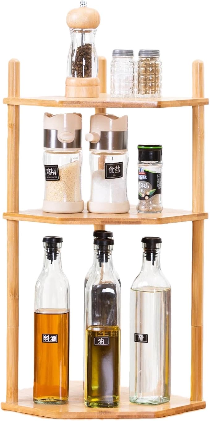 3-Tier Extra Tall Bamboo Corner Shelf, Kitchen Countertop Wine Bottle Organizer, Corner Counter Storage Rack for Pantry, Spice & Wine Organizers and Storage by WooFawn