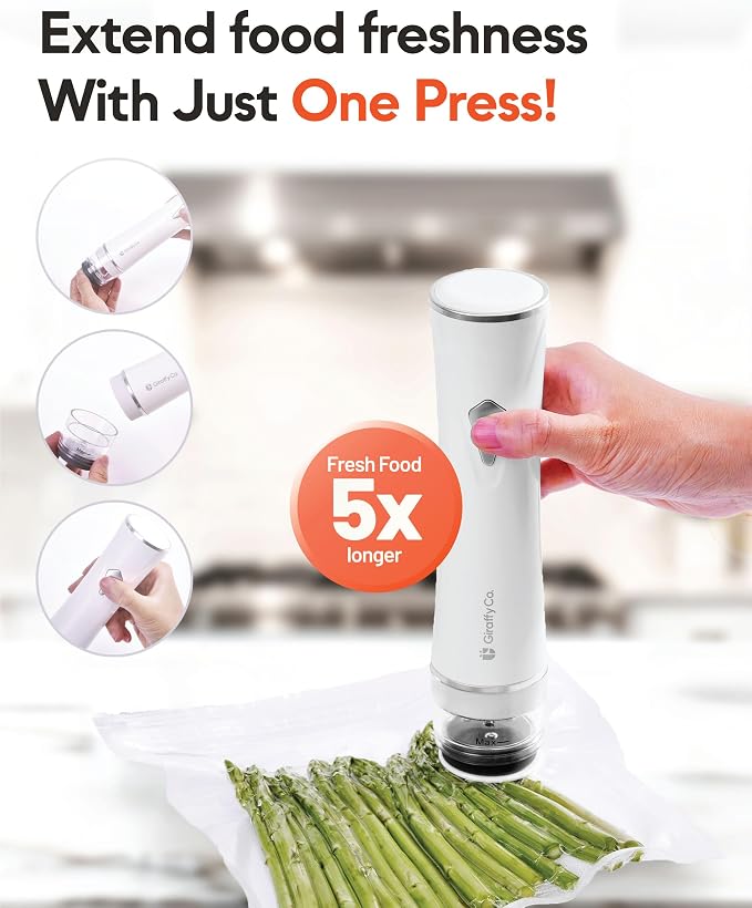 GIRAFFYCO Compact Handheld Vacuum Sealer Set with 30 Reusable Bags | 30 S/M/L Reusable Bags, 10 pc Each Size, Foldable Drying Rack, Gift Set for Meal Prep, Freezer Storage & Sous Vide - Image 2