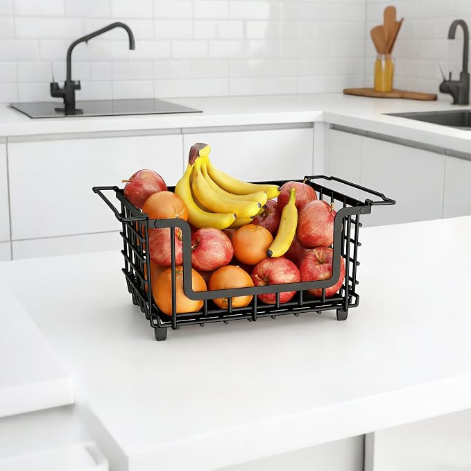 1 Pack Stackable Metal Wire Vegetable Fruit Basket for Kitchen Counter Cabinet, Pantry Organizers and Storage Basket, Food Can Snack Onion Potato Bread Storage Shelf Freezer Organizer Bins Black by Unknown