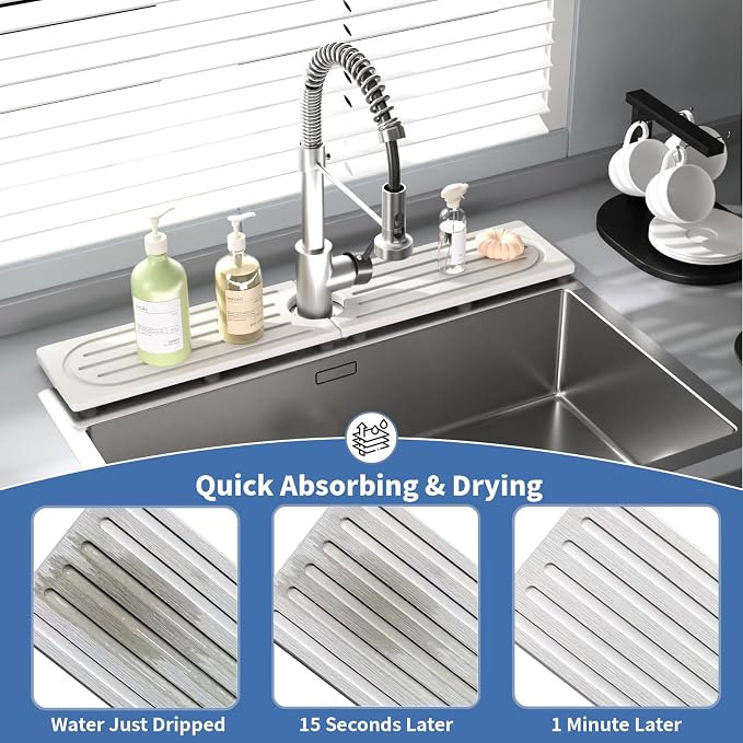 Stone Faucet Mat for Kitchen Sink, Water Absorbing Sink Water Splash Guard, Fast-Drying Kitchen Sink Faucet Mat, Durable Protector and Stone Drying Mat for Kitchen Counter & Bathroom Sink - Image 4