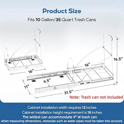 Pull Out Trash Can Under Cabinet & Under Sink, Heavy Duty Slider Organizer | Adjustable Cabinet Garbage Can Rack, Fits 30-40Qt Bins, Requires 13"W x 18"D Cabinet Opening, Chrome Finish, Can Not Included - Image 3