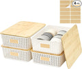 4 Pack Plastic Storage Bins with Bamboo Lids, 6.2qt Stackable Storage Organizer Box with Lable for Pantry Shelves Drawers Desktop Office, 12"L x 8.3"W x 3.5"H, Cream White by Bagnizer