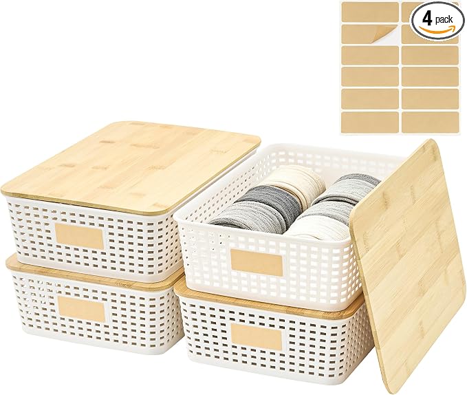 4 Pack Plastic Storage Bins with Bamboo Lids, 6.2qt Stackable Storage Organizer Box with Lable for Pantry Shelves Drawers Desktop Office, 12"L x 8.3"W x 3.5"H, Cream White by Bagnizer