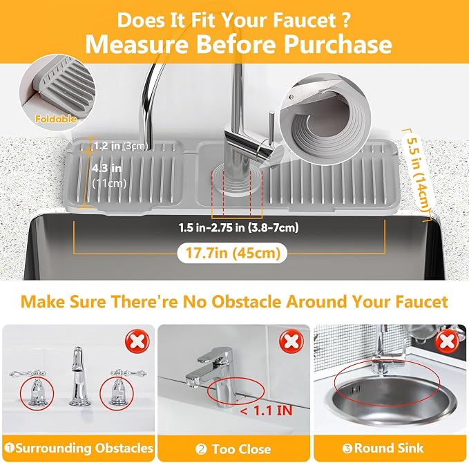 17.7'' Folding Faucet Mat for Kitchen Sink Splash Guard[7° Slope Fast Self-draining][Snap Lock Fit] Kitchen Sink Faucet Mat Splash Guard Kitchen Sink Area Water Splash Guard Behind Faucet Draining Mat - Image 2