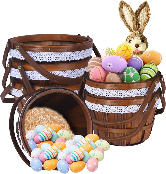 Wooden Baskets 10" x 6.5", 6 Pack Brown Apple Harvest Baskets | Round Handled Baskets Hold Produce, Flowers, Easter Eggs Or Favors for Farms, Markets, Weddings, Parties and Decor by YPshuye
