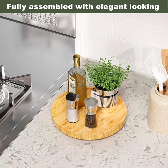 Lazy Susan Organizer, 10 Inch Non-Skid Bamboo Turntable Organizer | Salt Pepper Olive Oil and Spices Next to Stove, Wooden Lazy Susan for Table or Kitchen Countertop Organizer - Image 2