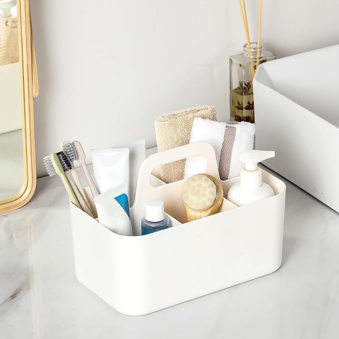 Multiuse Caddy Organizer with Handle, Portable Divided Plastic Tote Bin - Art Craft, Stationary Pen Marker Crayons, Makeup Hair Supplies Storage - Bathroom, Classroom, Dorm, Office, Desk Holder -White - Image 3