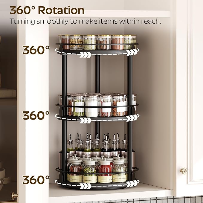 3-Tier Lazy Susan Organizer, Rotating Spice Rack, Spinning Organizer, Industrial Turntable Spice Rack Organizer for Cabinet, Kitchen Countertop, Pantry, Black SR23BK - Image 2